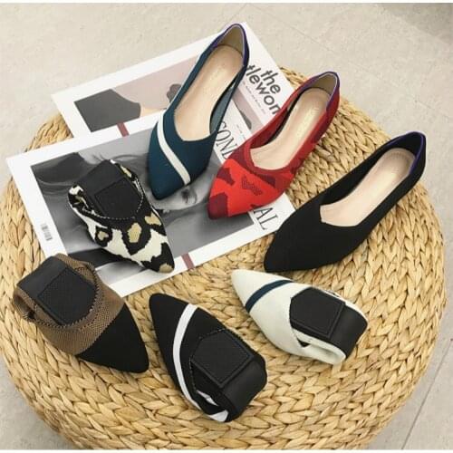 HKXN 2021 Spring New Womens Flat Shoes Ballet Shoes Breathable Knit Pointed Shoes Moccasin Mixed Color Womens Soft Shoes T