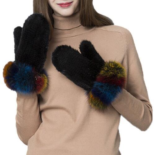 Women Genuine Mink Fur Gloves Real Fox Fur Cuffs Knitted Mitten Full Finger Handmade Winter Warm Fluffy Soft