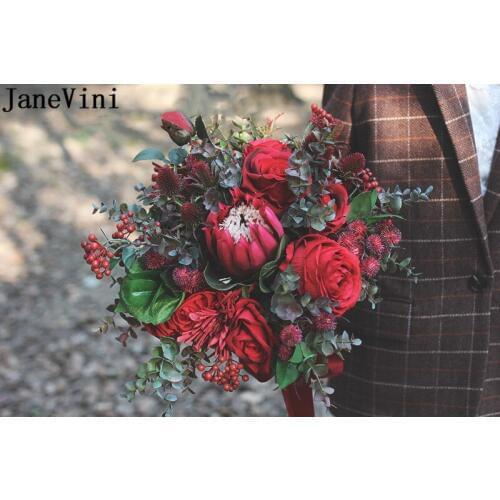 JaneVini Ins Vintage Red Wedding Flower Bouquet Bride Bouquet de fleurs fiori artificiali Rose Emperor Flower Bridal Bouquets