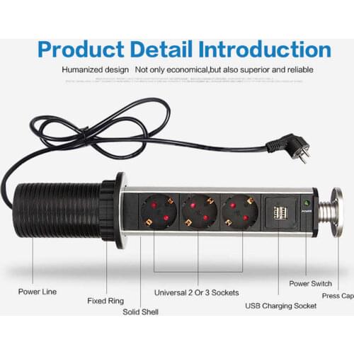 3 Compartment Electrical Tensile Power Outlet Plug Worktop Desk USB Socket Home Pull Outlet EU Plug 250V Home Office Use