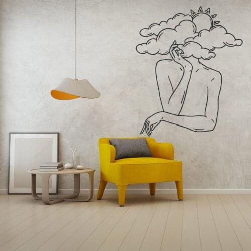 Women With Sky And Sun Head Line Art Wall Sticker Aesthetic Home Bedroom Room Decoration Vinyl Removable A001333