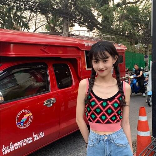 Women 2021 Sweet Fashion Argyle Cropped Knitted Tank Tops Vintage Backless Thin Straps Female Camis Chic Tops