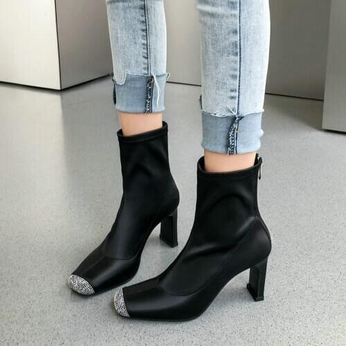 EshtonShero Women Ankle Boots Shoes Woman Square Toe High Heels Silk Zipper Crystal Black Ladies Motorcycle Sock Boot Size 3-8