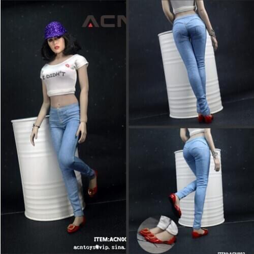 In Stock 1/6 ACN002 Female Figure Access Square Buckle Flat Shoes Casual T-shirt Bag Hip Denim Pants For 12'' Women Figure Body
