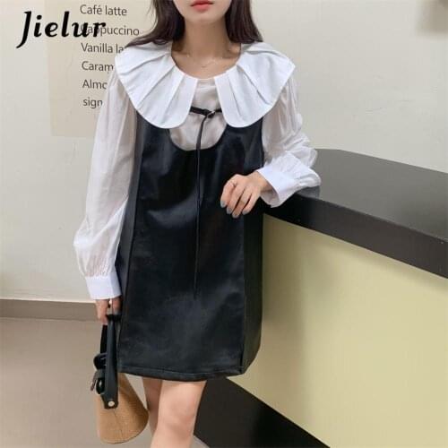 Jielur Slim Two Piece Sets Sweet Peter Pan Collar Casual White Shirts Women 2021 Autumn Chic Retro PU Waist Mini Dress Khaki