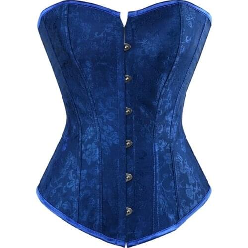 Women Sexy Floral Pattern Blue Corset Tops Plus Size Waist Trainer Body Shaping Overbust Corset S-2XL