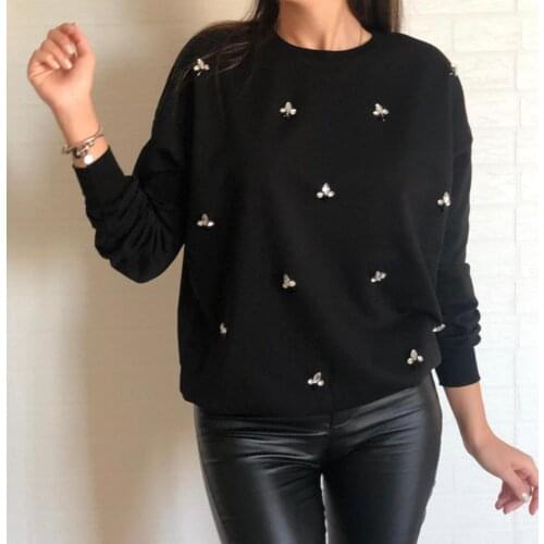 Bellis by B store şık taş detaylı sweatshirt kadın 2020 moda O boyun uzun kollu kadın kazak rahat günlük eşofman üstü