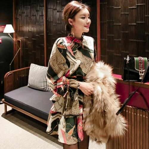 Runway Fashion Women Vintage Print Dress Elegant Ladies Stand Collar Long Sleeve Lace-up Mini Dress Loose Dress Vestidos