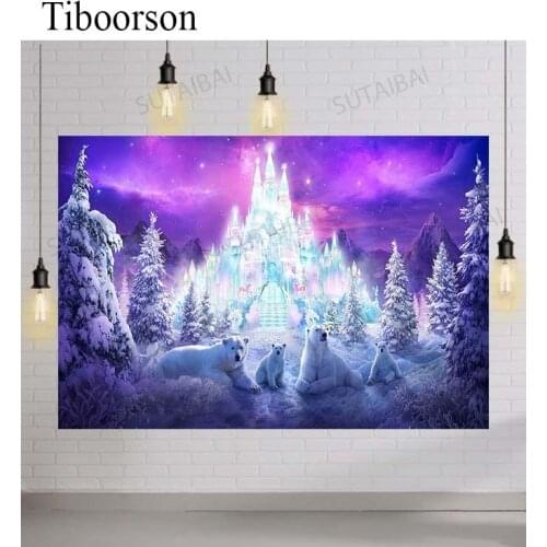 Winter Backdrop Photography Night Ice Castle Tree Polar Bear Photo Background Child Brithday Customized Poster Wallpaper Props