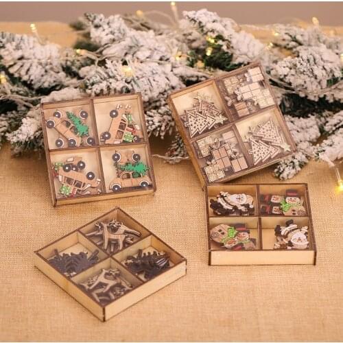 12pcs Christmas Decorations DIY Wood Craft Santa Elk Car Xmas Gift Christmas Tree Pendant New Year Home Decor