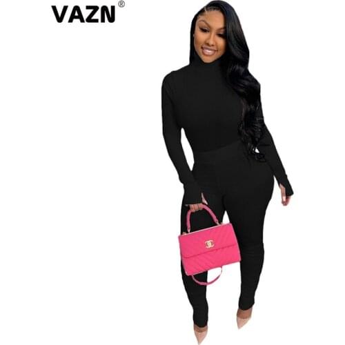 VAZN 2020 Autumn High-end Soft Daily Solid Simple Young Turtleneck Full Sleeve Top Long Pants Tracksuits Slim Women 2 Piece Se