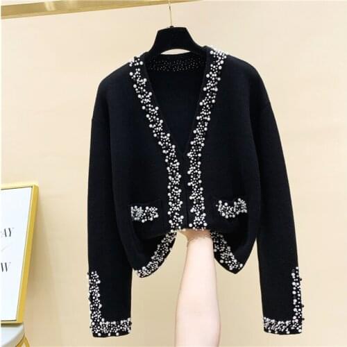2020 Pearl Beaded Knitted Cardigans Women Autumn Winter Casual Basic Sweater Woman Long Sleeve Button Black Sweaters Female