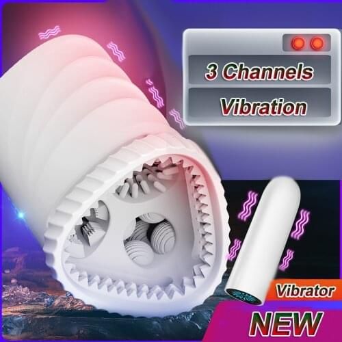 3 Channel Male Masturbator Cups Vibration Ejaculation Delay Tools Penis Exercise Artificial Vagina Real Pussy Sex Toys for Man