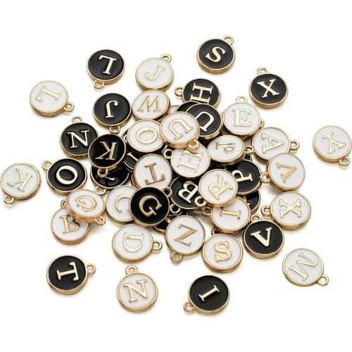 52pcs Double-sided Alloy Enamel Charms Pendants Flat Round with Alphabet Mixed Color For Bracelet Necklace Jewelry Making