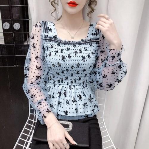 Sunscreen French square collar blouse short waist small shirt summer 2021 new mesh temperament long-sleeved chiffon shirt women