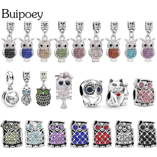 Buipoey 1pcs Multicolor Owl Beads Charm Pendant Shiny Silver Color Dangle Cat Beads Fit Diy Couple Bracelets Jewelry Accessory