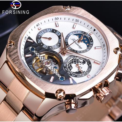 Forsining Designer Automatic Tourbillon Watch Mens Rose Golden Moonphase Date Skeleton Mechanical Pilot Steel Strap Montre Homme