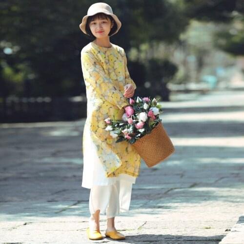 2019 Literature Double-deck Round Neck Jade Button With Inclined Flaps Zen Slowly Dress