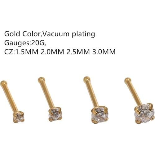 Wholesale 50pcs/Lot CZ Gold Color Nose Stud Bone Pin Surgical Steel Nose Studs Nose Piercing 20gX7mmx1.5mm 2mm 2.5mm 3mm