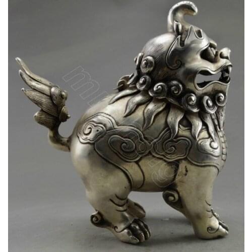 Exquisite Chinese Old Tibetan Silver Hand-carved Lion Statue Incense Burner with Qianlong Mark