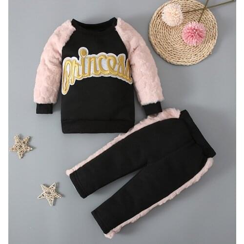 Licupiee 2 Colors Autumn Winter Baby Girls Clothes Sets Letter Printed Fur Plush Long Sleeve Sweatshirt Tops Pants 0-4y