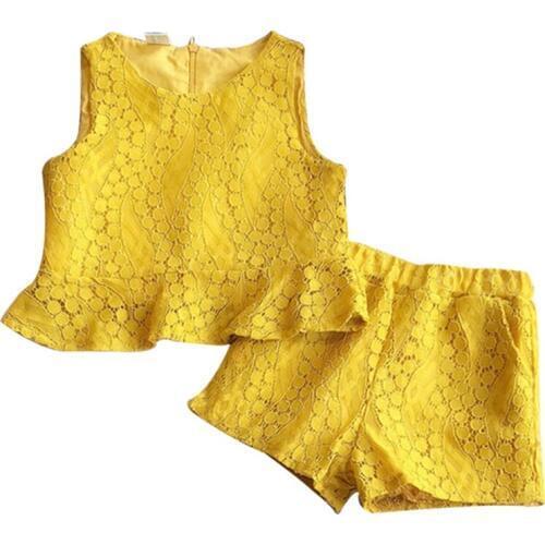 Girls Summer Fashion Lace Vest Set Girls Lace Cutout Vest Shorts Set Fashion Solid Summer Princess Set Two-piece girl
