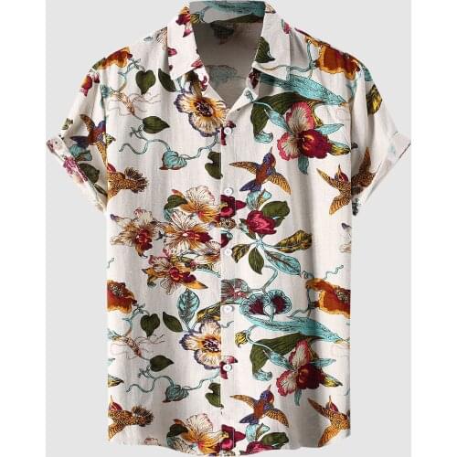 Summer Men Shirt Birds Floral Print Short Sleeve Shirts Casual Short Sleeve Lapel Hawaiian Blouse Vacation Beach Tops Camisas