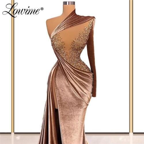 Lowime Velvet Sexy Dubai Evening Dresses Custom Made Plus Size Long Mermaid Split Party Dress Luxury Crystals Beaded Prom Dress