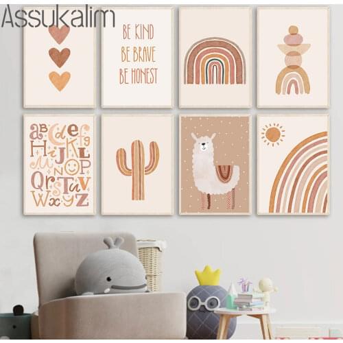 Nursery Canvas Print Deer Alpaca Poster Rainbow Posters Alphabet Prints Animal Painting Boho Wall Picture For Baby Bedroom Decor