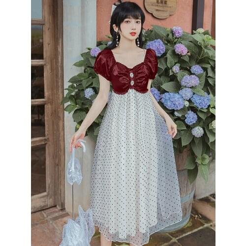 2021 Summer New Womens French Retro Girl Young Puff Sleeve Square Collar Mid-length Dress Chiffon Splicing Polka Dot Dress