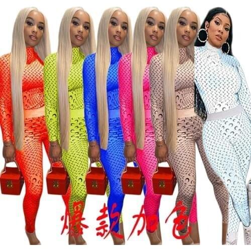 New fashion 6colors popular high neck tight little moon print 2 piece bodycon womens two piece set