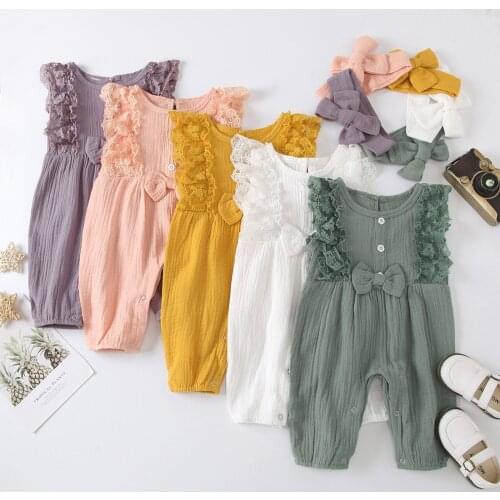 New Fashion Infant Jumpsuit Newborn Baby Girl Cotton Linen Romper Lace Bow One Piece Jumpsuit Clothes Baby Girl Summer Clothes