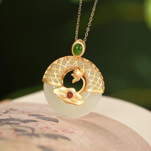 New S925 Sterling Silver Gilding Natural Hotian Jade Pendant Retro Chinese Lotus Peace Buckle Womens Sweater Chain