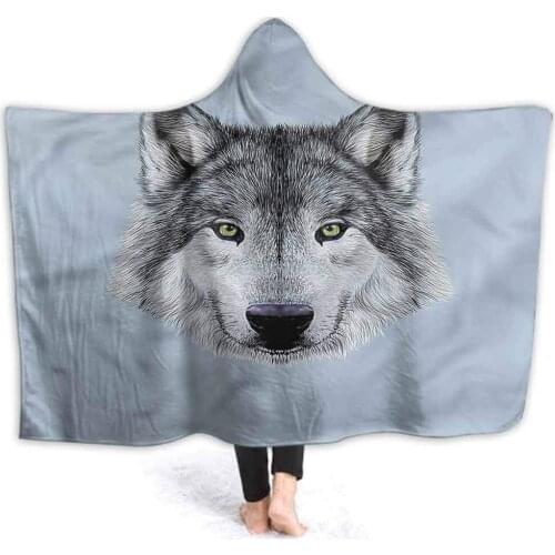 Sherpa Hooded Blanket Wolf Deluxe Fleece Blanket Hooded Throw Detailed Canine Expression Hooded Blanket for Men Women Teenagers