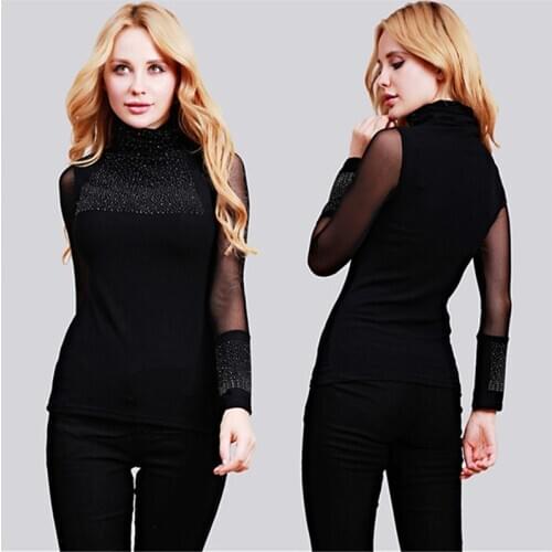 Sexy Lace Tops Autumn 2021 Blusas New Slim Lace T-Shirt Long Sleeve Casual Shirt Beaded Openwork Women Clothing