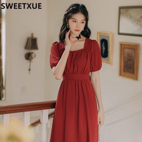 SWEETXUE 2021 Summer Women Dress Vintage Elegant Pure Color Bow Lace-up Sweet Party Cute Kawaii Chic Dress 4 colors Vestidos