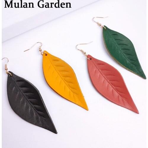 M&G 4 Colors Vintage Genuine Cowhide Leather Earrings Solid Color Leaf Earrings Fashion Jewelry Women Accessories Gift Wholesale