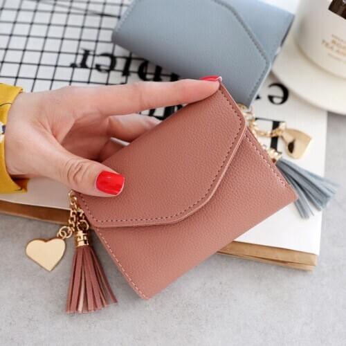 Womens short fashion simple heart-shaped tassel pendant envelope bag small fresh student ultra-thin wallet