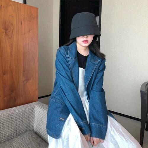 Retro Casual Denim Jacket Women Spring Autumn Loose Vintage Ladies Denim Blazer Lapel Single Breasted Female Coat 2020 New f2843