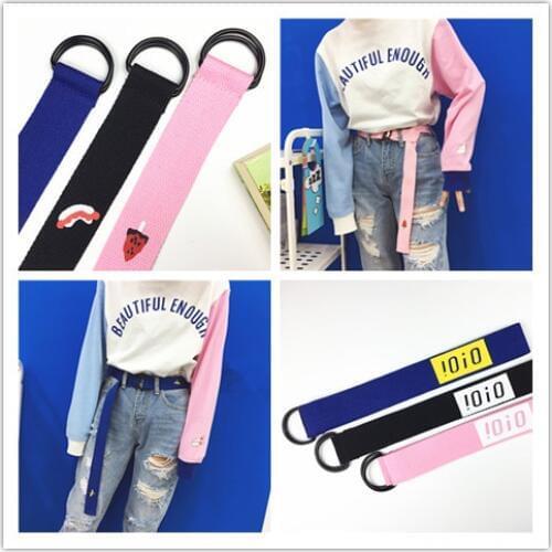 Womens Fashion Designer Canvas Belts 2020 Korean Ulzzang Harajuku Cute Letter Printing Buckle Ring Belt Women High Quality