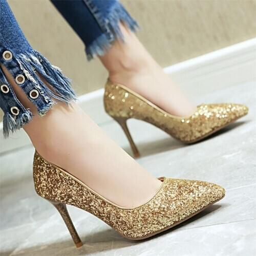 AGODOR Gold Silver Sexy High Heels Glitter Shoes Woman Stiletto Pointed Toe Bling Party Wedding Bridal Ladies Pumps Shoes