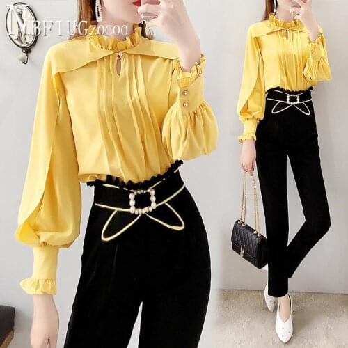 2020 New Office Lady Sweet Women Sets Bright Yellow Blouse And Black Pants Female Sets