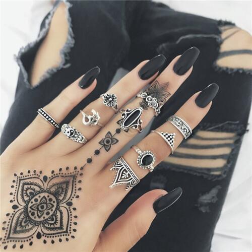 Hot Elephant Vintage Rings Set For Women Tibetan Color Antique carved Black Stone Feather Crown Ring 10pcs / set Boho Jewelr