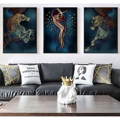 Abstract Canvas Painting Wall Art Running Horse Gold Foil Blue Paintings Art Poster Color Canvas Print For Living Room Decoratio