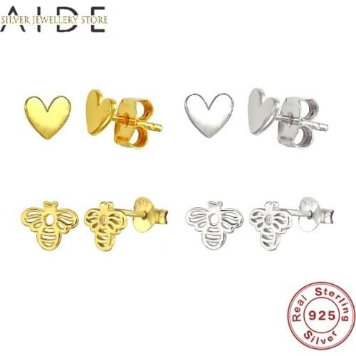 AIDE Cute 925 Sterling Silver Stud Earrings For Women Exquisite Glossy Love Heart/Bee Piercing Earrings Fine Jewelry kolczyki