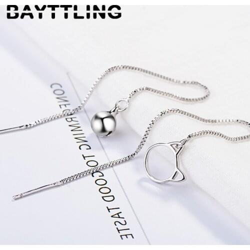 BAYTTLING 925 Sterling Silver Cat Fine Bell Tassel Pendant Earrings For Couples Women Fashion Party Gift Jewelry