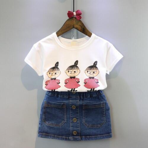 ChildrenS Sets Clothing Summer Kids Baby Girl Cartoon Short-Sleeved T-Shirt + Denim Skirt Two-Piece Suit Fashion Girl Costume