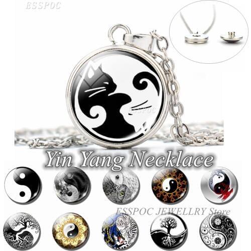 Yin Yang Taichi Symbols Pendant Glass Cabochon Yin Yang Cat Life of Tree Jewelry Fashion Button Necklace Women Gifts
