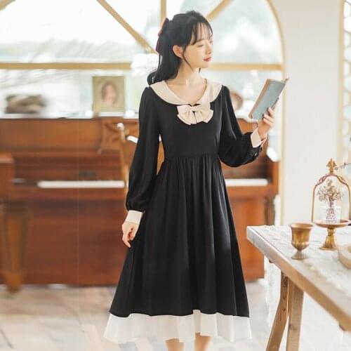 SWEETXUE French Retro Gentle Bow Stitching Long Sleeve Chiffon Kawaii Elegant Dress Women Vestidos