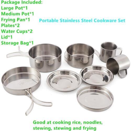 8 Pcs Portable Stainless Steel Cookware Set Bowl Pot Cup Frying Pan For Outdoor Camping BBQ Hiking Backpacking Picnic Travel